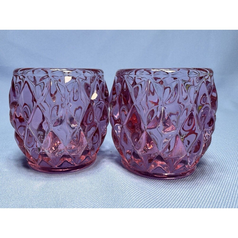 Set of Two Mosser Glass Votives In Pink Crystal Cut 2.5 Inches Tall Vintage